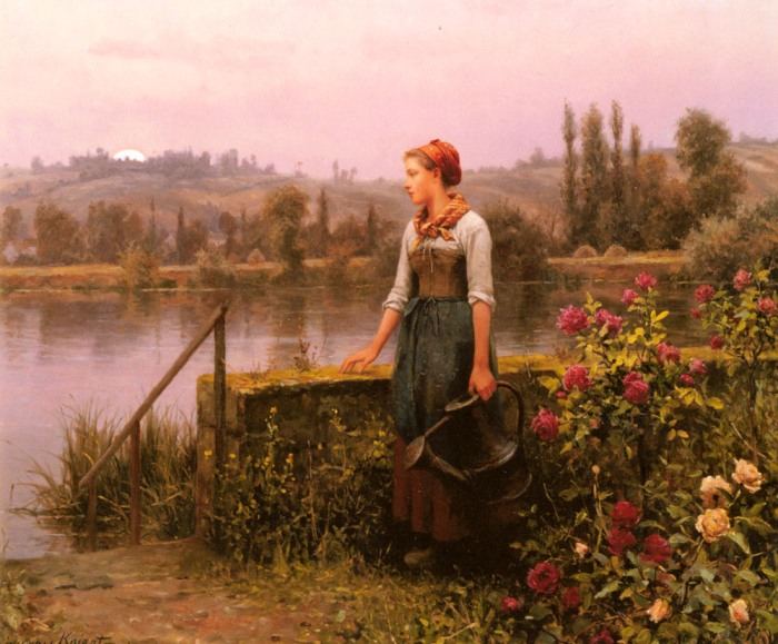 Daniel Ridgway Knight A Woman with a Watering Can by the River
